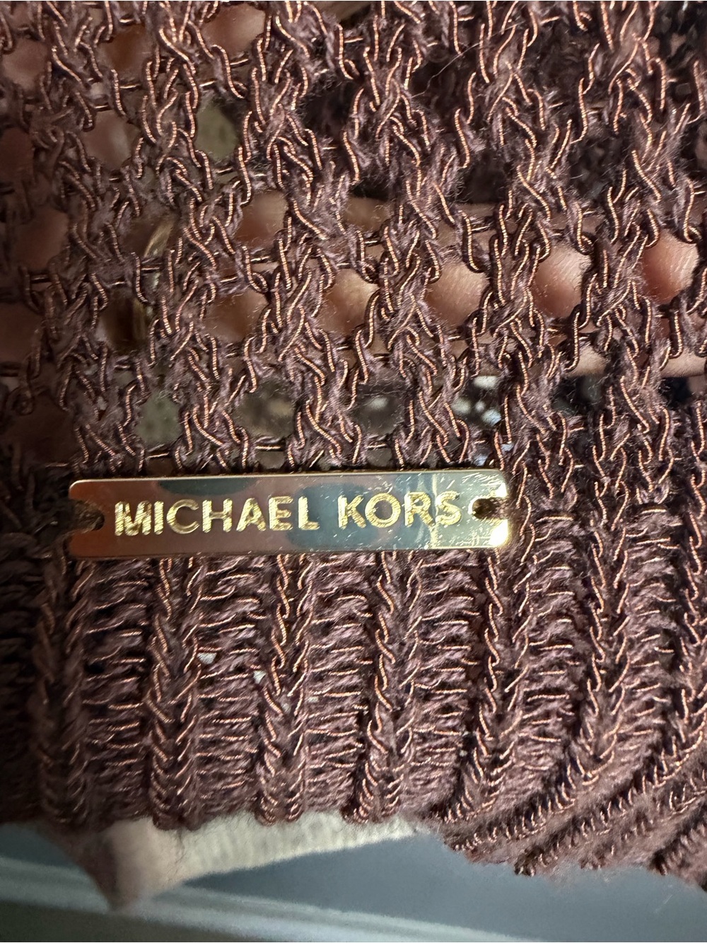 Michael Kors Cream and Brown Open-Knit Sweater with Gold Logo - Picture 4 of 6